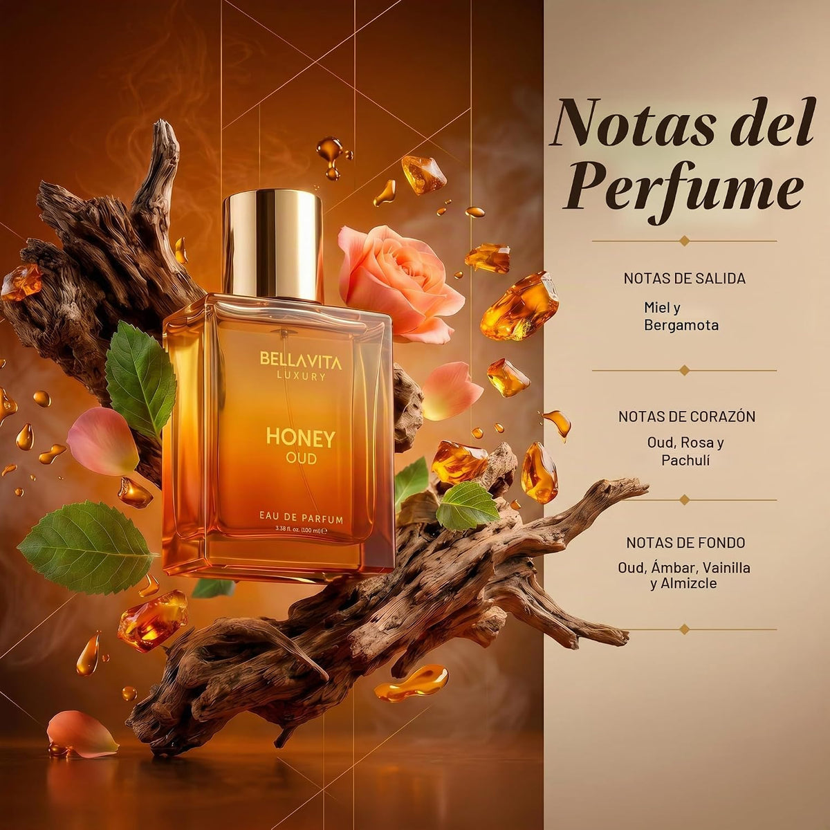 ✨ BellaVita Luxury Honey Oud Eau de Parfum 🌹 (3.4 onzas líquidas) |vainilla, bergamota, floral y picante + fabricado con aceites esenciales limpios y veganos + libre de crueldad animal |