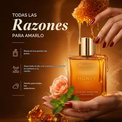 ✨ BellaVita Luxury Honey Oud Eau de Parfum 🌹 (3.4 onzas líquidas) |vainilla, bergamota, floral y picante + fabricado con aceites esenciales limpios y veganos + libre de crueldad animal |